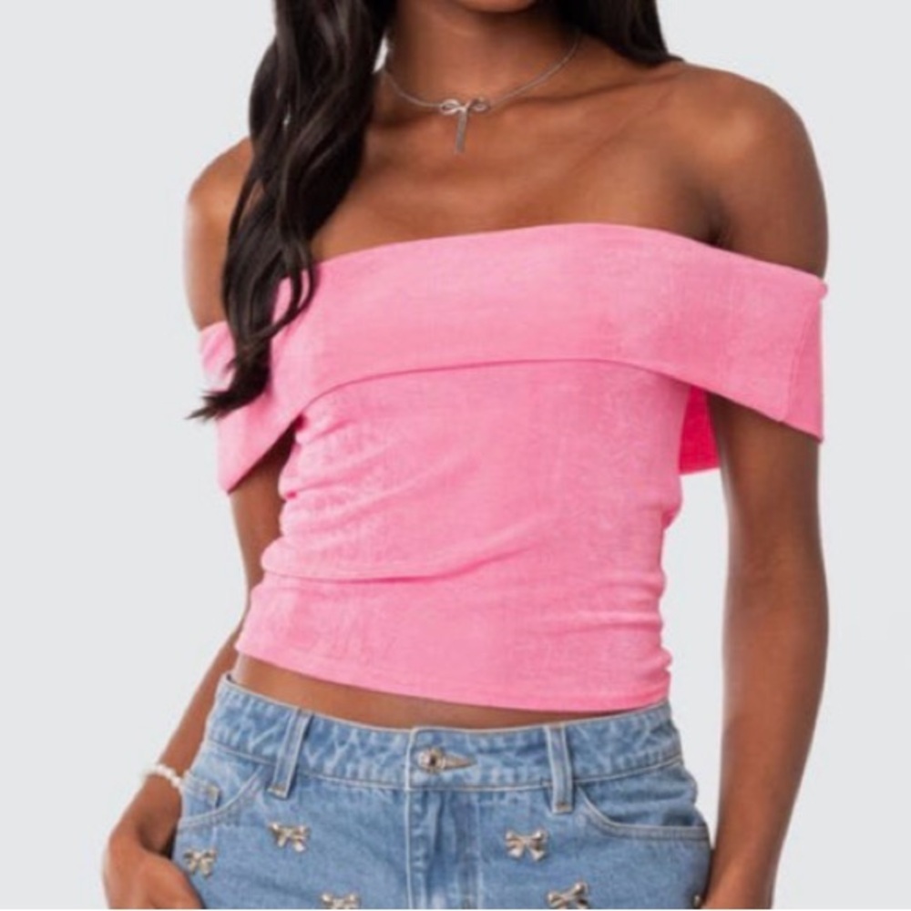 Edikted Pink Fold Over Off the Shoulder Top